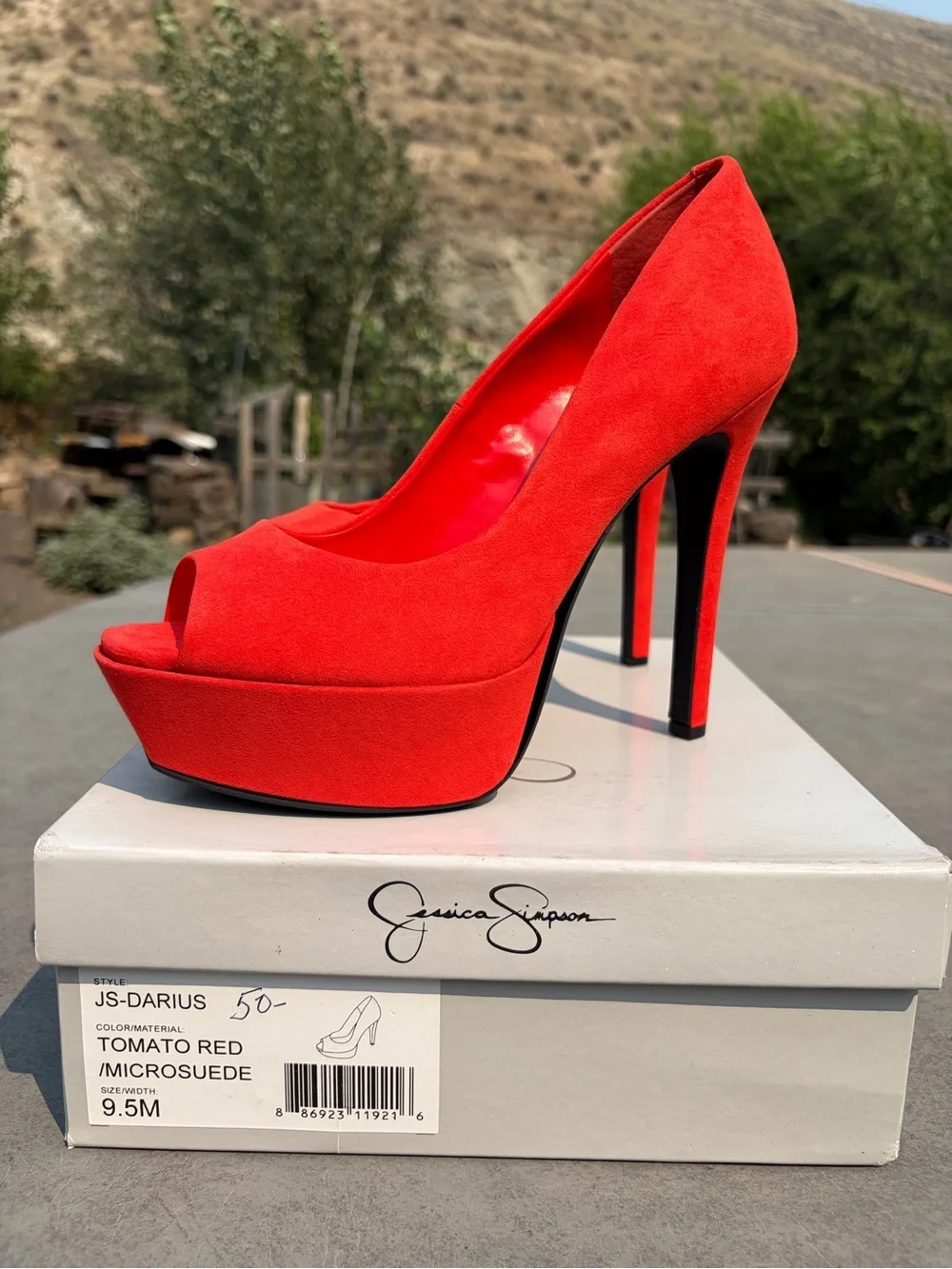 Jessica Simpson Tomato Red Microsuede Peep-Toe Platform Pumps